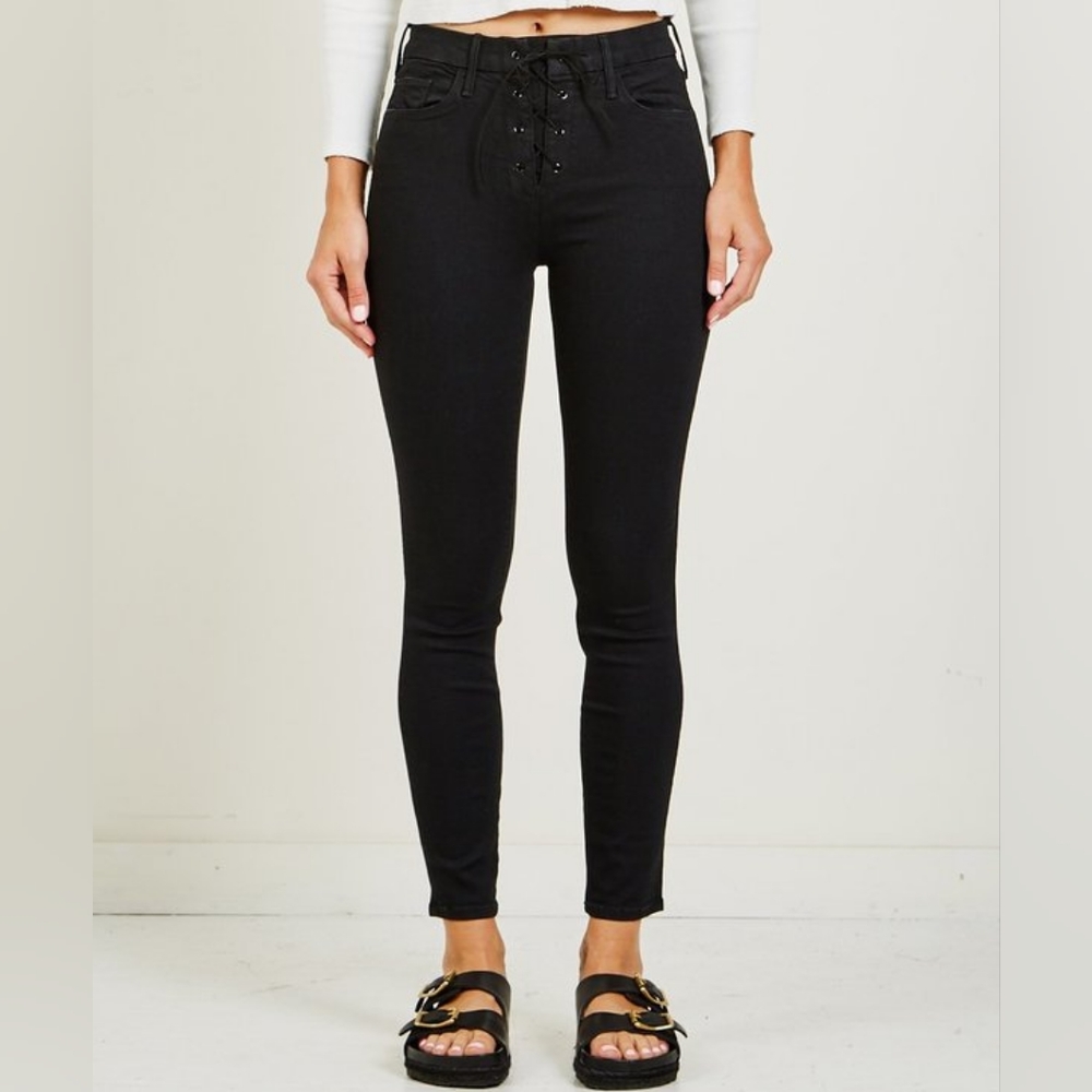 MOTHER High Waisted Lace Up Looker Ankle Jeans Not Guilty Dark Gray Raw 24